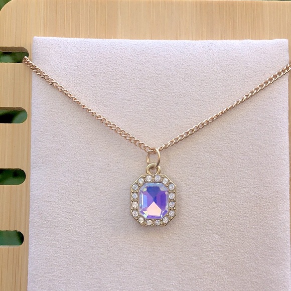 Lilac Aurora Borealis Opal Emerald Crystal Halo Pendant Necklace - Picture 3 of 12